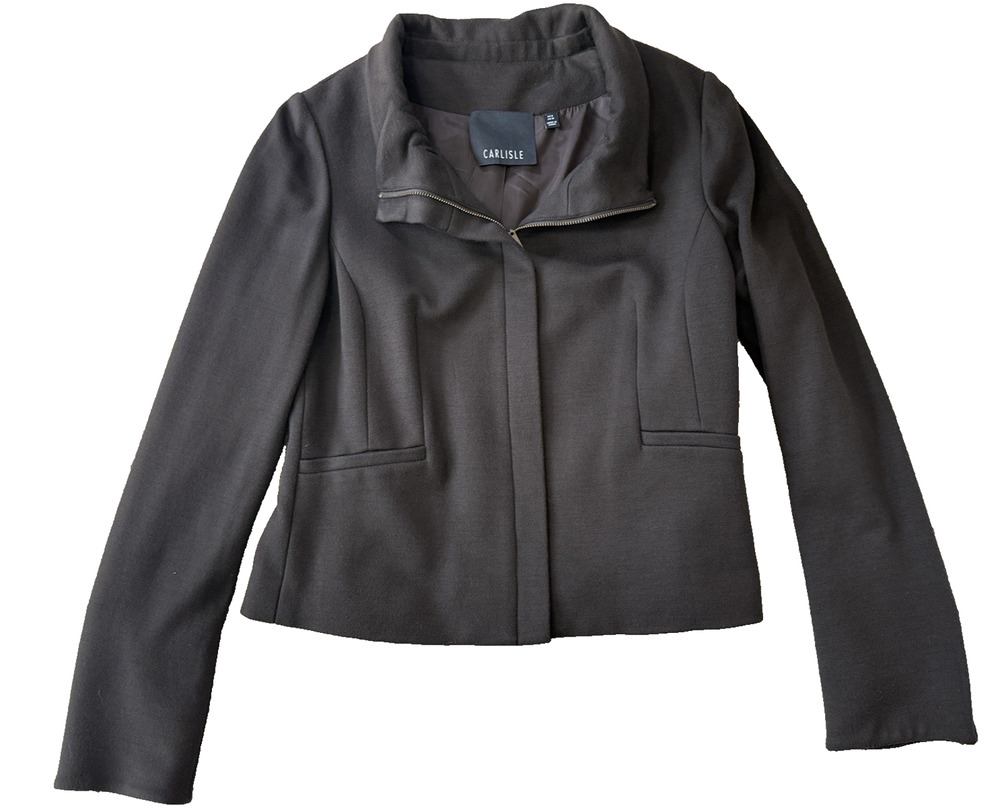 Carlisle Collection Dark Brown Ruffle Collar Zip Jacket Blazer Women's Size 8